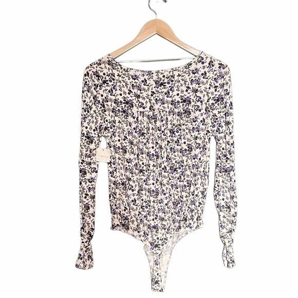 NWT Free People Kaya Floral Cutout Long Sleeve Bodysuit Cream & Purple Size XS - Picture 3 of 16